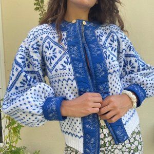 Blue and White Wool Knit Sweater Jacket With Silk Floral Embroidery